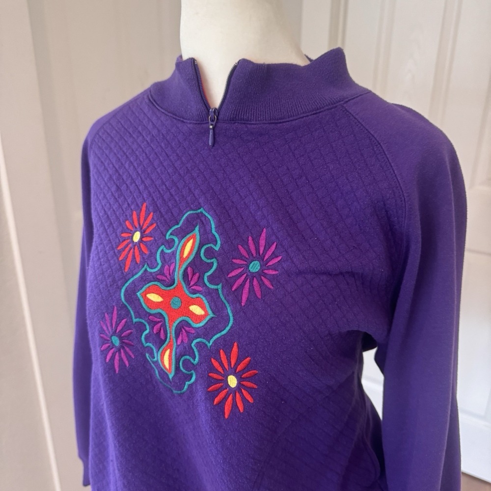 Vintage 80s Blast Grannycore‎ Purple Cross Embroidered Sweatshirt Sz S Colorful